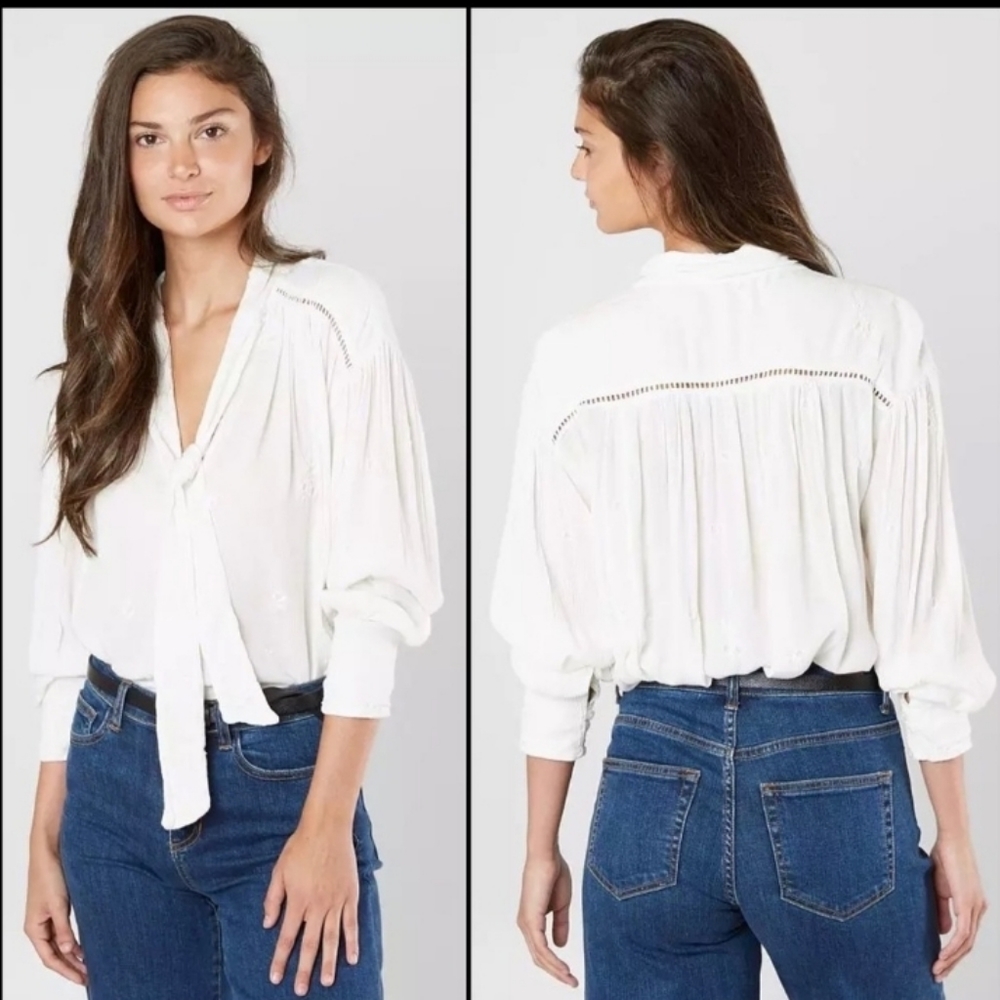 Free People Gauzy Tie Neck White Oversized Top Small